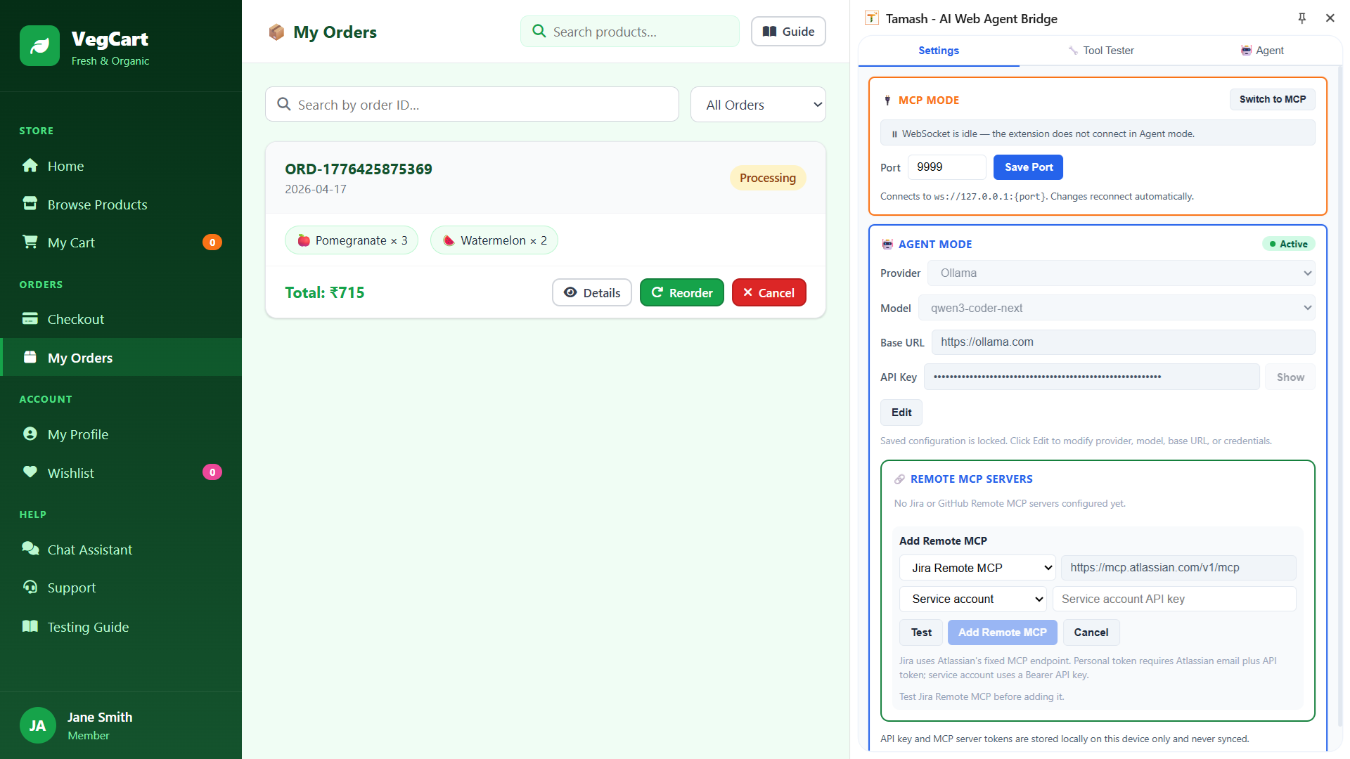 TAMASH Settings tab — AI provider configuration and Remote MCP server setup