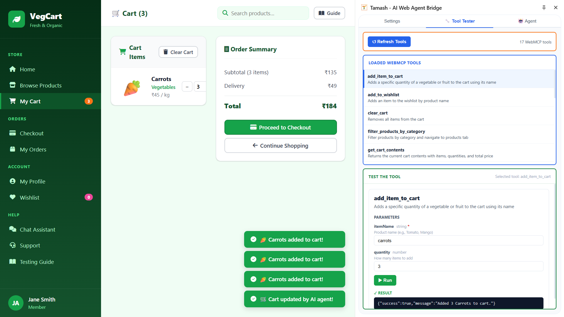 TAMASH Tool Tester — loading 16 live WebMCP tools from VegCart